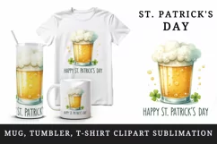 Watercolor frothy pint of beer clover luck Happy St Patrick Day quote print 20 oz tumbler skinny mug wrap clipart t-shirt sublimation printable design