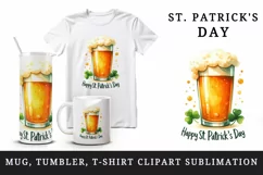 Watercolor frothy pint of beer clover luck Happy St Patrick Day quote print 20 oz tumbler skinny mug wrap clipart t-shirt sublimation printable design
