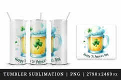 Watercolor frothy pint of beer clover luck Happy St Patrick Day quote print 20 oz tumbler skinny mug wrap clipart t-shirt sublimation printable design
