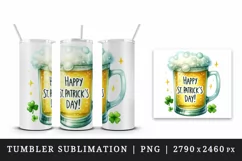 Watercolor frothy pint of beer clover luck Happy St Patrick Day quote print 20 oz tumbler skinny mug wrap clipart t-shirt sublimation printable design