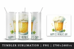 Watercolor frothy pint of beer clover luck Happy St Patrick Day quote print 20 oz tumbler skinny mug wrap clipart t-shirt sublimation printable design