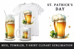 Watercolor frothy pint of beer clover luck St Patrick Day print 20 oz tumbler skinny mug wrap clipart t-shirt sublimation printable design