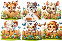 Watercolor Funny Animal on Fence Clipart Bundle Product Image 1