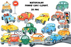 Watercolor funny cars clipart. Cute transport clipart Product Image 1