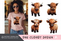 Watercolor Funny Cute Highland Baby Cow Clipart Product Image 1