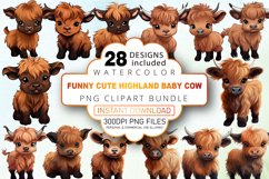 Watercolor Funny Cute Highland Baby Cow Clipart Bundle Product Image 1