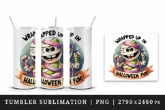 Watercolor funny mummy bandages Wrapped up in Halloween fun quote print 20 oz tumbler skinny mug wrap clipart t-shirt sublimation printable design