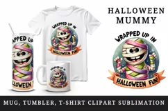 Watercolor funny mummy bandages Wrapped up in Halloween fun quote print 20 oz tumbler skinny mug wrap clipart t-shirt sublimation printable design