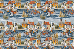 Watercolor Geese and Bicycles Seamless Pattern Fabric Print Product Image 2