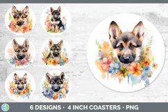 Bundle of six Wild Flowers German Shepherds Round Coaster designs.