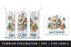 Watercolor gingerbread house trees man Sweet Holidays quote Christmas print 20 oz tumbler skinny mug wrap clipart t-shirt sublimation printable design