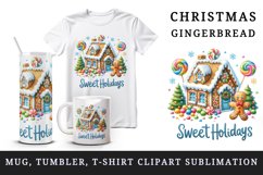 Watercolor gingerbread house trees man Sweet Holidays quote Christmas print 20 oz tumbler skinny mug wrap clipart t-shirt sublimation printable design