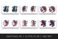 Watercolor portrait of a girl and butterflies design wrap sublimation bundle for customize your mug