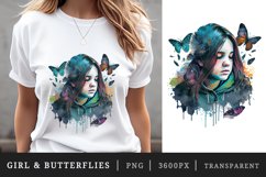 Watercolor portrait of a girl and butterflies t-shirt sublimation print designs bundle