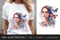 Watercolor portrait of a girl and butterflies t-shirt sublimation print designs bundle