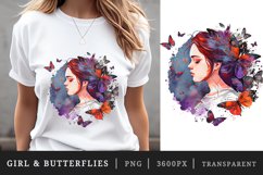 Watercolor portrait of a girl and butterflies t-shirt sublimation print designs bundle