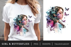 Watercolor portrait of a girl and butterflies t-shirt sublimation print designs bundle