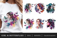 Watercolor portrait of a girl and butterflies t-shirt sublimation print designs bundle