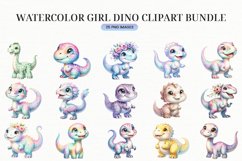 Watercolor Dinosaur Clipart, Cute Girl Dino Digital PNG Product Image 3