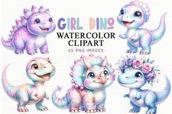 Watercolor Dinosaur Clipart, Cute Girl Dino Digital PNG Product Image 1