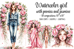 Watercolor Girl with Peonies &amp; Jasmine Set Product Image 1