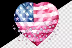 Watercolor glamour pink heart sparkle diamonds patriotic American flag USA 20oz tumbler skinny mug wrap clipart t-shirt sublimation printable design
