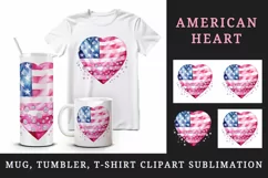 Watercolor glamour pink heart sparkle diamonds patriotic American flag USA 20oz tumbler skinny mug wrap clipart t-shirt sublimation printable design