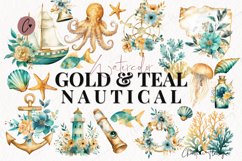 Watercolor Gold &amp; Teal Nautical Clipart Product Image 1