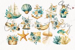 Watercolor Gold &amp; Teal Nautical Clipart Product Image 4