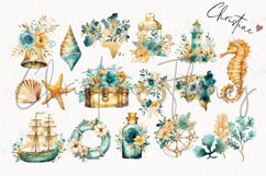 Watercolor Gold &amp; Teal Nautical Clipart Product Image 6