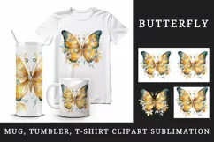 Watercolor gold blue butterfly floral sparkle flowers insect diamonds 20 oz tumbler skinny mug wrap clipart t-shirt sublimation printable design