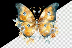 Watercolor gold blue butterfly floral sparkle flowers insect diamonds 20 oz tumbler skinny mug wrap clipart t-shirt sublimation printable design