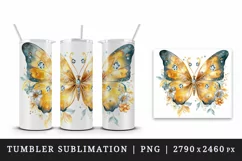 Watercolor gold blue butterfly floral sparkle flowers insect diamonds 20 oz tumbler skinny mug wrap clipart t-shirt sublimation printable design