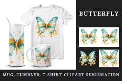 Watercolor gold blue butterfly floral sparkle flowers insect shining diamonds 20 oz tumbler skinny mug wrap clipart t-shirt sublimation printable design