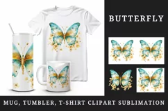 Watercolor gold blue butterfly floral sparkle flowers insect shining diamonds 20 oz tumbler skinny mug wrap clipart t-shirt sublimation printable design