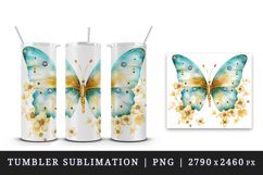 Watercolor gold blue butterfly floral sparkle flowers insect shining diamonds 20 oz tumbler skinny mug wrap clipart t-shirt sublimation printable design