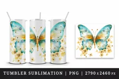Watercolor gold blue butterfly floral sparkle flowers insect shining diamonds 20 oz tumbler skinny mug wrap clipart t-shirt sublimation printable design