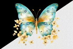 Watercolor gold blue butterfly floral sparkle flowers insect shining diamonds 20 oz tumbler skinny mug wrap clipart t-shirt sublimation printable design