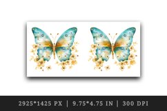 Watercolor gold blue butterfly floral sparkle flowers insect shining diamonds 20 oz tumbler skinny mug wrap clipart t-shirt sublimation printable design