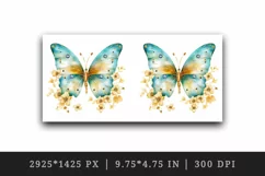 Watercolor gold blue butterfly floral sparkle flowers insect shining diamonds 20 oz tumbler skinny mug wrap clipart t-shirt sublimation printable design