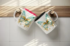 Watercolor gold blue butterfly floral sparkle flowers insect shining diamonds 20 oz tumbler skinny mug wrap clipart t-shirt sublimation printable design