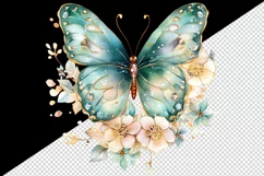 Watercolor gold blue green butterfly floral sparkle flowers insect diamonds 20 oz tumbler skinny mug wrap clipart t-shirt sublimation printable design