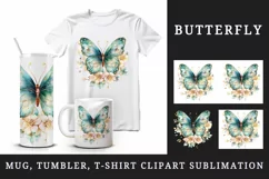 Watercolor gold blue green butterfly floral sparkle flowers insect diamonds 20 oz tumbler skinny mug wrap clipart t-shirt sublimation printable design