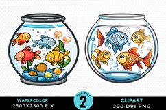 Watercolor Gold Fish Bowl Set Clipart Product Image 1