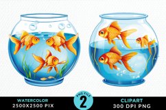 Watercolor Gold Fish Bowl Set Clipart Product Image 1