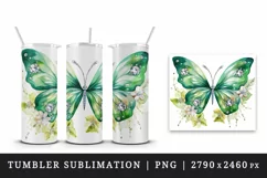 Watercolor gold green butterfly floral sparkle flowers insect diamonds 20 oz tumbler skinny mug wrap clipart t-shirt sublimation printable design