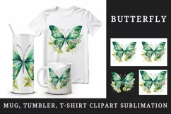 Watercolor gold green butterfly floral sparkle flowers insect diamonds 20 oz tumbler skinny mug wrap clipart t-shirt sublimation printable design