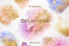 12 Colorful Paint Splatters with Gold Finish - PNG Overlays Product Image 1