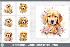 Bundle of six Wild Flowers Golden Retrievers Square Coaster designs.