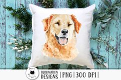 watercolor golden retriever design shown on a pillow